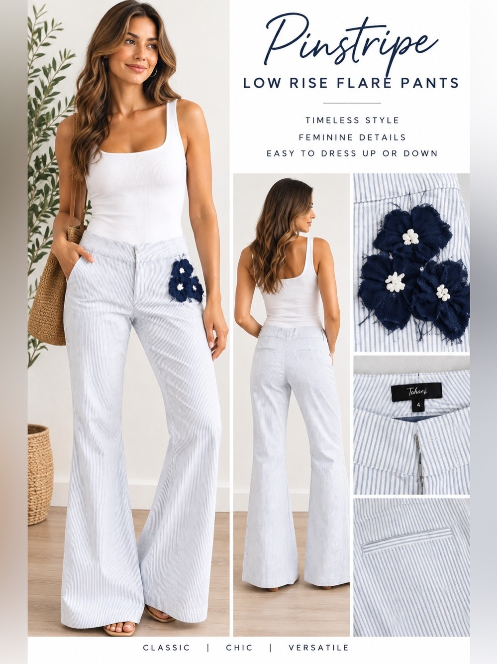 SKY Y2K Pinstripe Low Rise Flare Pants Floral Appliqué Size 6